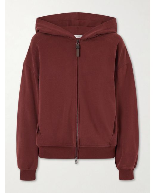 Brunello Cucinelli Red Bead-Embellished Cotton-Jersey Zip-Up Hoodie