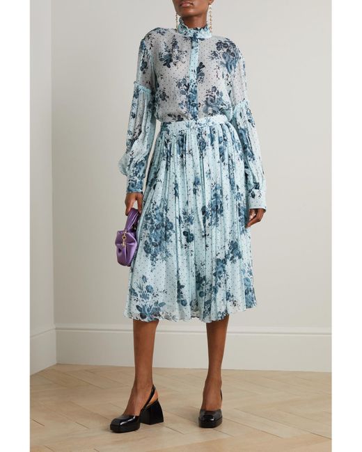Erdem Blue Ruffled Printed Crepon Blouse