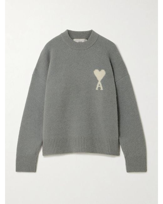 AMI Gray Intarsia Oversized Alpaca-Blend Sweater
