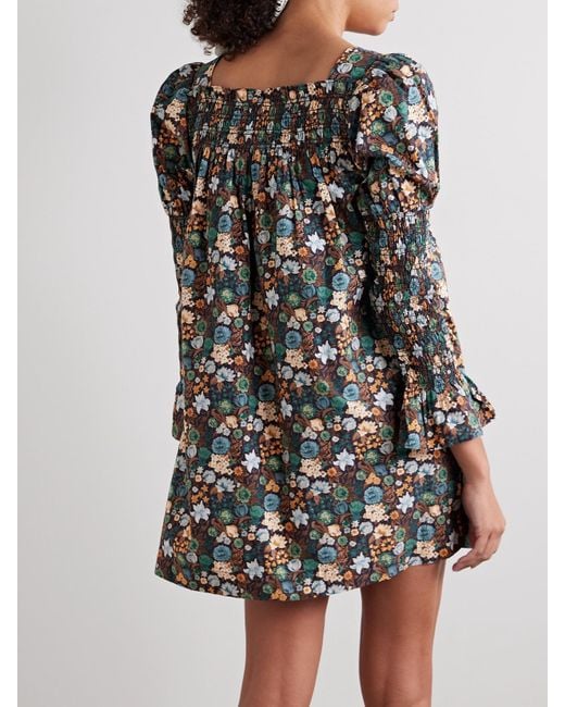 Doen Blue Sabia Shirred Floral-Print Organic Cotton-Poplin Mini Dress