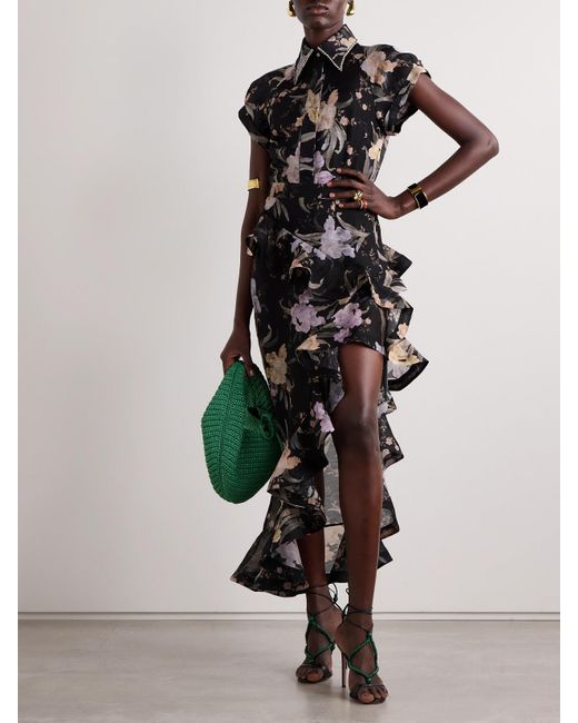Zimmermann Black Eden Waterfall Asymmetric Ruffled Floral-Print Linen And Silk-Blend Midi Skirt