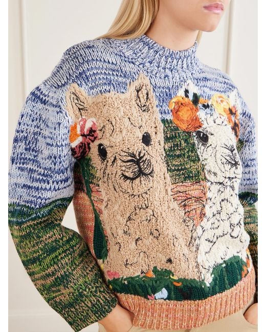 Stella McCartney Blue Mélange Knitted Embroidered Wool Sweater