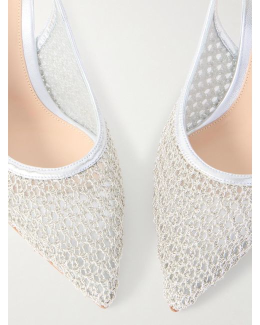 Gianvito Rossi White Itaca 95 Metallic Leather-Trimmed Embellished Mesh Slingback Pumps