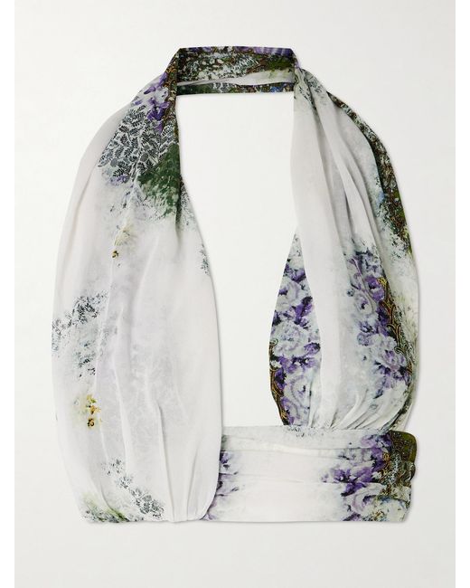 Christopher Esber Gray Absence Cropped Printed Silk-Chiffon Halterneck Top