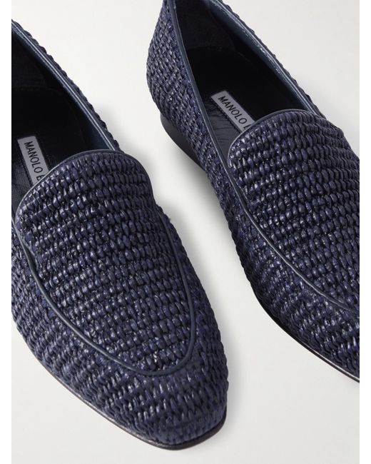 Manolo Blahnik Blue Pitakara Leather-Trimmed Raffia Loafers