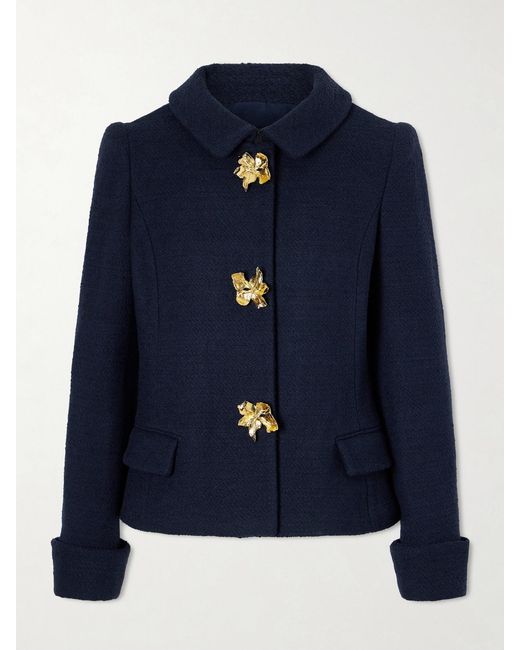 Oscar de la Renta Blue Embellished Cotton And Wool-Blend Tweed Jacket