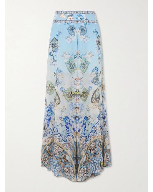Camilla Blue Al Manial Palace Embellished Printed Silk-Crepon Wide Leg Pants