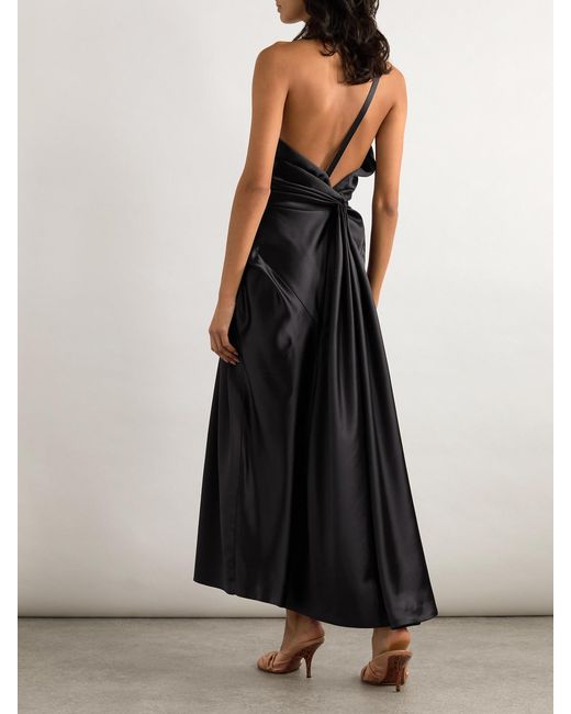 Dries Van Noten Black One-Shoulder Gathered Pleated Satin Midi Dress