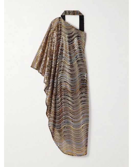 ‎Taller Marmo Metallic The Glaum One-Shoulder Scarf-Detailed Sequin-Embellished Mesh Gown