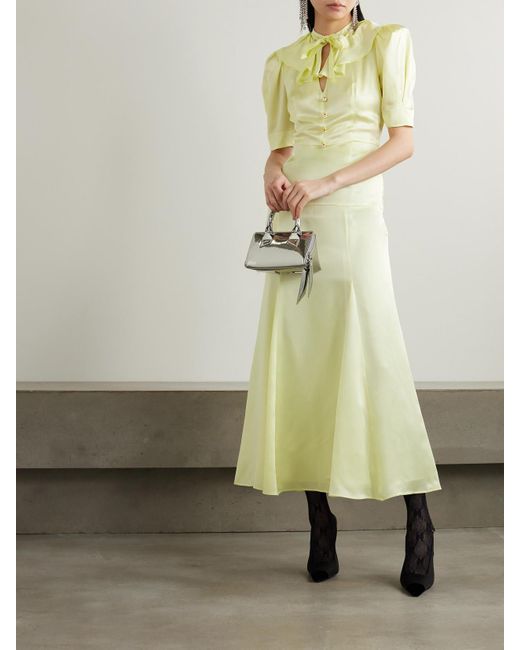 Alessandra Rich Yellow Tie-Detailed Ruffled Silk-Satin Midi Dress