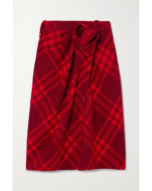 Burberry Wrapeffect Checked Wool Midi Skirt in Red Lyst