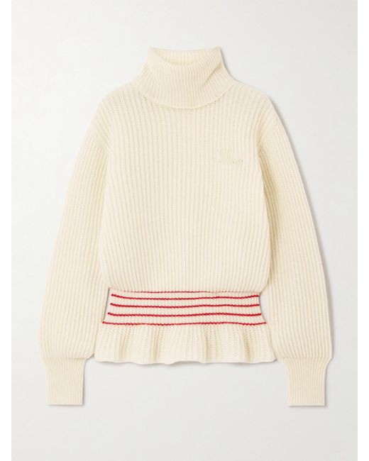 Chloé Natural Turtleneck Striped Ribbed Wool And Mohair-Blend Peplum Sweater