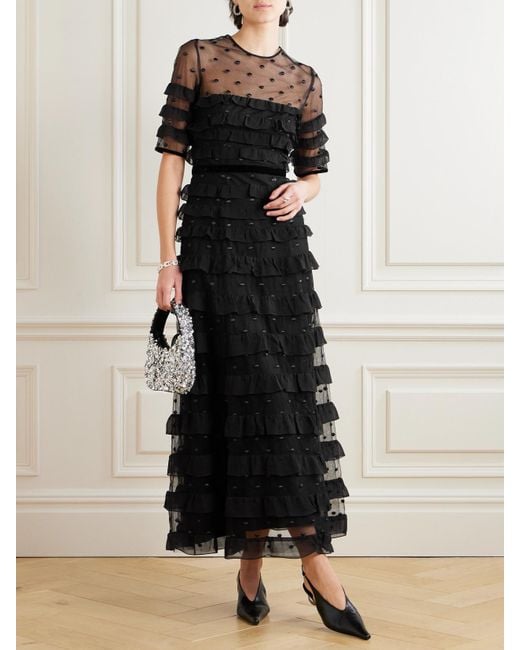 Costarellos Black Velvet-Trimmed Point D'Esprit And Ruffled Chiffon Midi Dress
