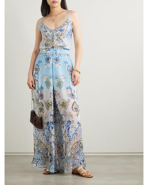 Camilla Blue Al Manial Palace Embellished Printed Silk-Crepon Wide Leg Pants