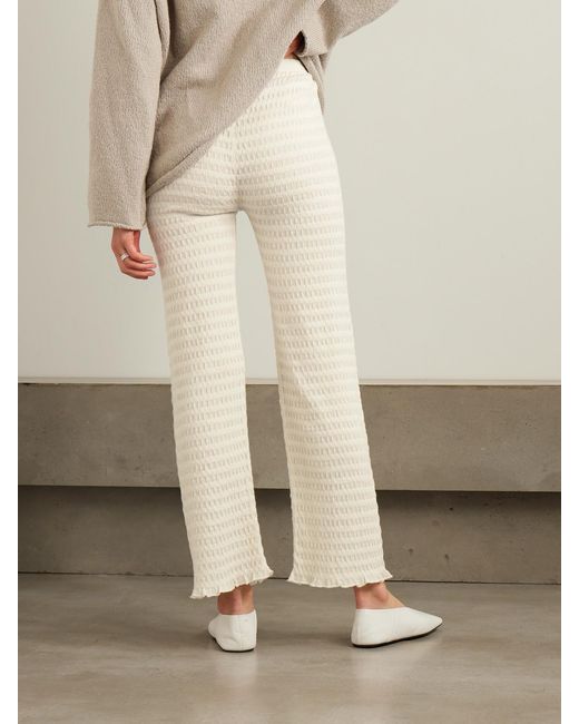 Lauren Manoogian Natural Smocked Textured Pima Cotton-Blend Flared Pants
