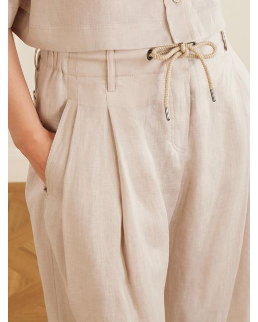 Brunello Cucinelli Natural Linen Wide-Leg Drawstring Pants