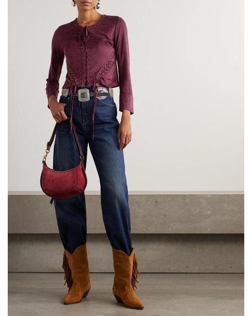 Isabel Marant Purple Seatle Cropped Lace-Up Brushed Stretch-Jersey Top
