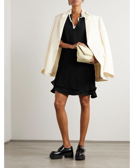 Jil Sander Black Ruffled Satin-Trimmed Crinkled Silk-Chiffon Dress
