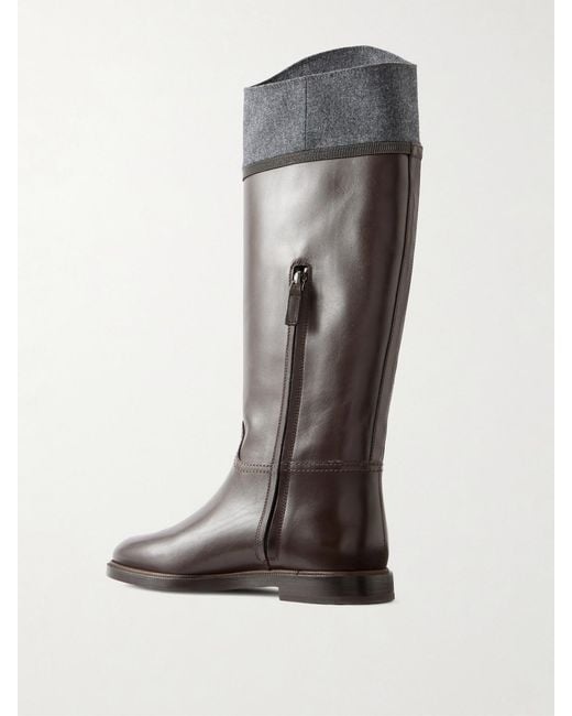 Brunello Cucinelli Black Bead-Embellished Wool-Trimmed Leather Ankle Boots