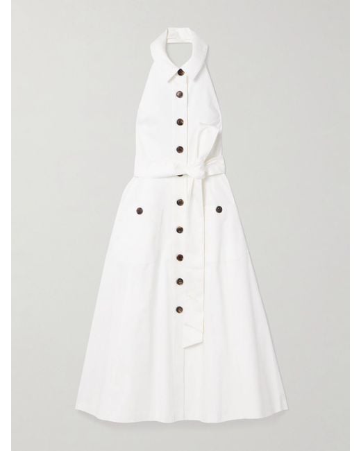Carolina Herrera White Belted Cotton-Blend Sateen Halterneck Midi Shirt Dress