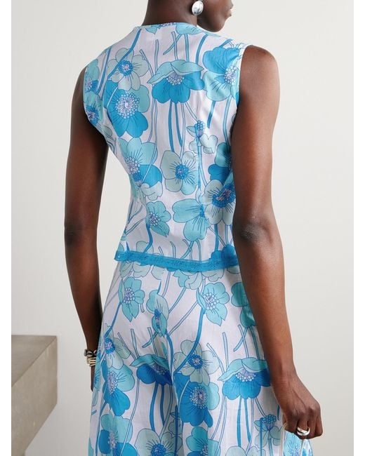 Loretta Caponi Blue Lace-Trimmed Floral-Print Cotton-Voile Top