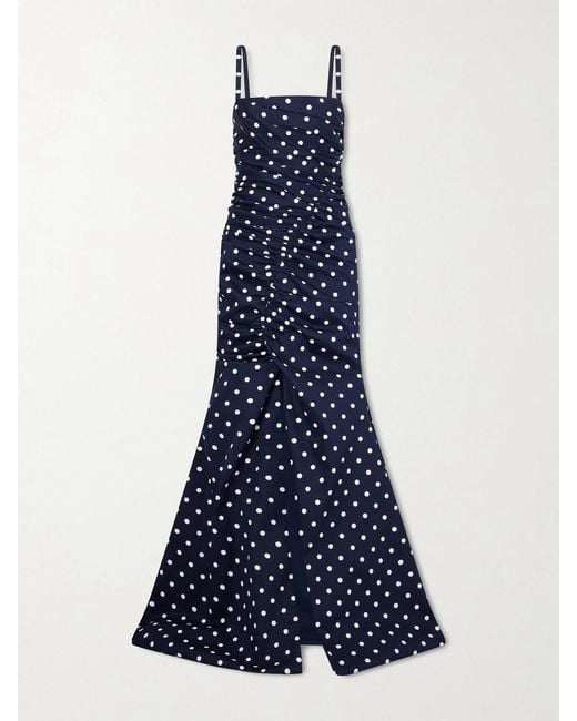 Carolina Herrera Blue Gathered Polka-Dot Cotton-Blend Twill Gown