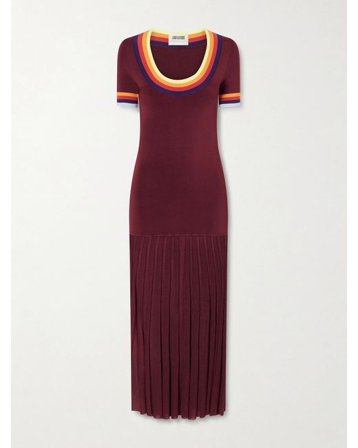 Christopher John Rogers Red Pleated Ribbed Maxi Dress