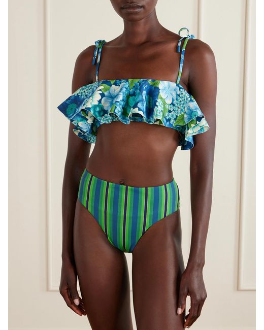 ALÉMAIS Blue Margo Ruffled Floral-Print Bikini Top