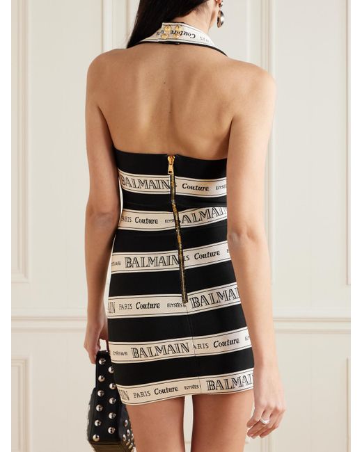 Balmain White Striped Jacquard-Knit Halterneck Mini Dress