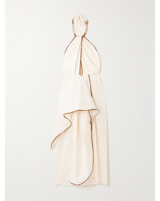 Johanna Ortiz Natural Centro Del Cielo Leather-Trimmed Cotton-Blend Halterneck Dress
