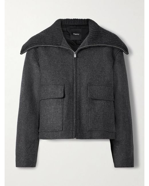 Theory Black Ribbed Wool-Trimmed Wool-Blend Twill Jacket