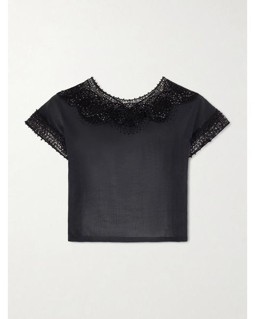 Nili Lotan Black Caila Crochet-Trimmed Ramie Top