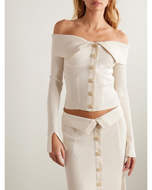 Zimmermann Natural Off-The-Shoulder Cotton-Trimmed Ribbed-Knit Cardigan