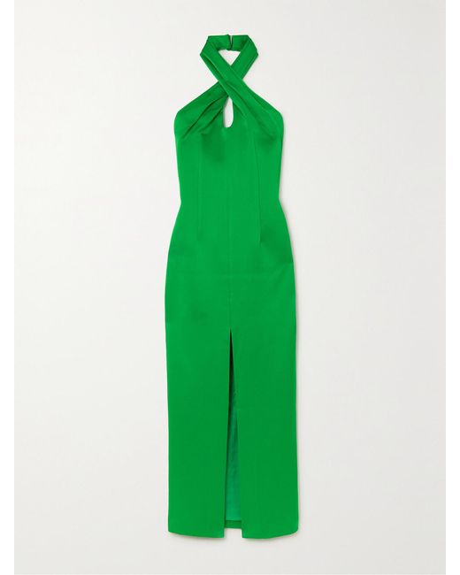 Rasario Green Satin Halterneck Midi Dress