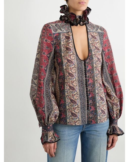 Valentino Garavani Red Ruffled Cutout Satin-Trimmed Metallic Printed Cotton-Blend Blouse