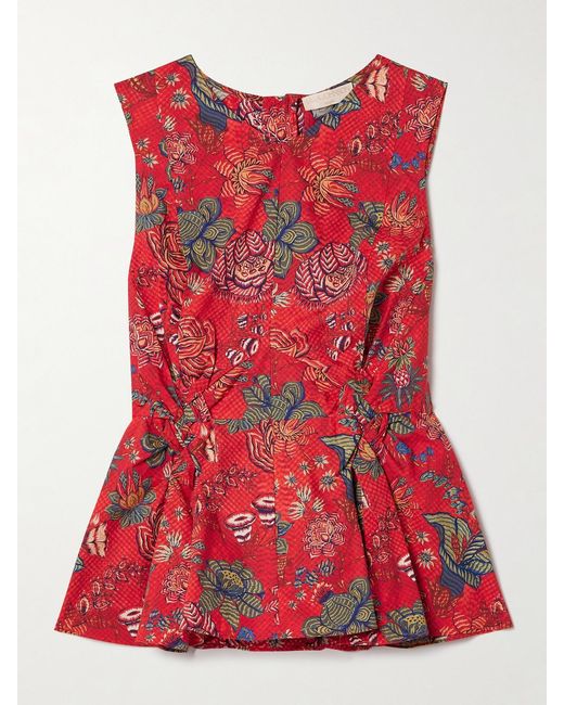 Ulla Johnson Red Sydney Pleated Printed Cotton-Poplin Peplum Top