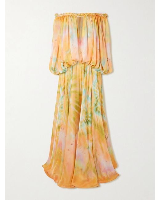 Zimmermann Yellow Luna Twist Off-The-Shoulder Cutout Gathered Printed Silk-Satin Maxi Dress