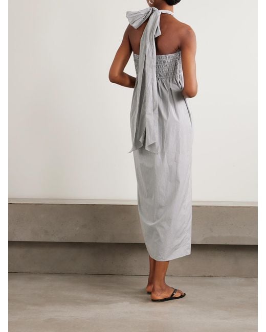 Maria McManus White Smocked Pinstriped Poplin Halterneck Midi Dress