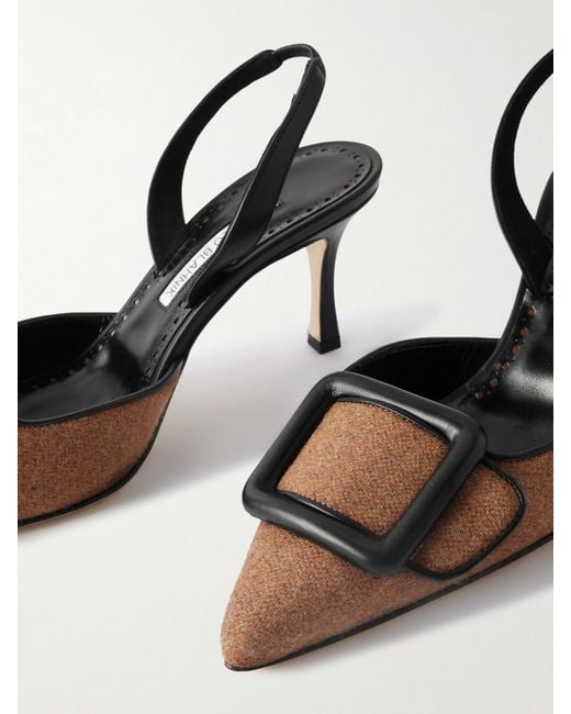 Manolo Blahnik Brown Mayslibi 70 Buckled Leather-Trimmed Wool Slingback Pumps