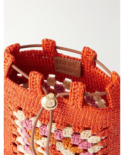 Loewe White Paula's Ibiza Logo-Trimmed Leather-Trimmed Crocheted Raffia Bucket Bag