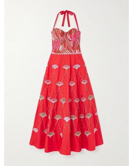 Emporio Sirenuse Red Lotty Neckholder-Midikleid Aus Popeline Aus Einer Baumwollmischung Mit Zierperlen Und Stickereien