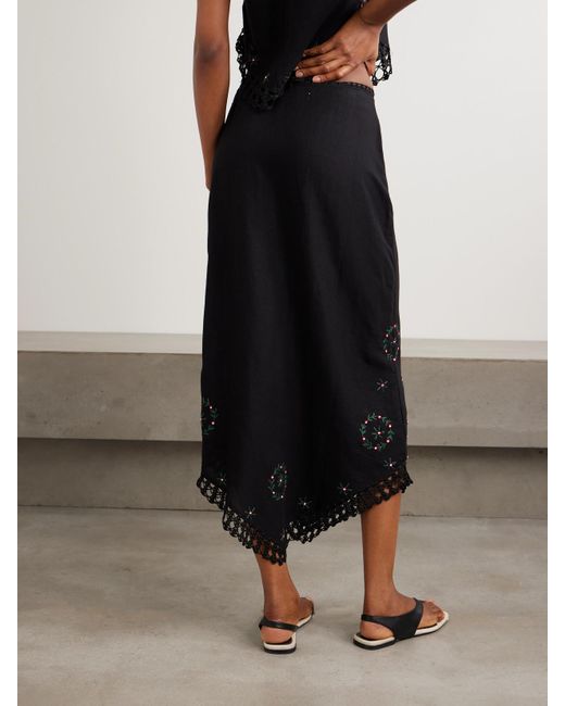 Jupe Midi En Lin Mélangé À Broderies Et À Finitions En Crochet Imola Rixo en coloris Black