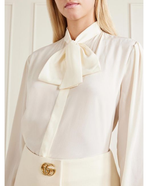 Gucci Natural Pussy-Bow Silk Crepe De Chine Blouse