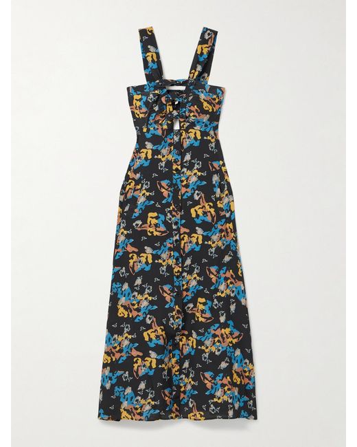 Maison Mayle Blue Patapan Cutout Printed Silk-Crepe Midi Dress