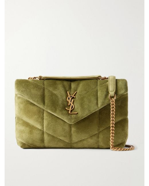 Saint Laurent Green Toy Puffer Matelassé Leather-Trimmed Suede Shoulder Bag