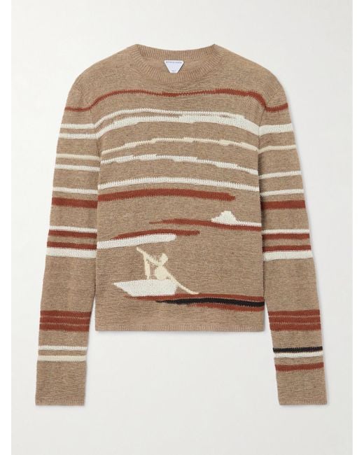 Bottega Veneta Natural Striped Jacquard-Knit Linen And Cotton-Blend Sweater