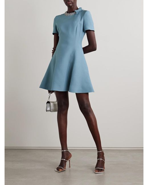 Valentino Garavani Blue Embellished Wool And Silk-Blend Mini Dress