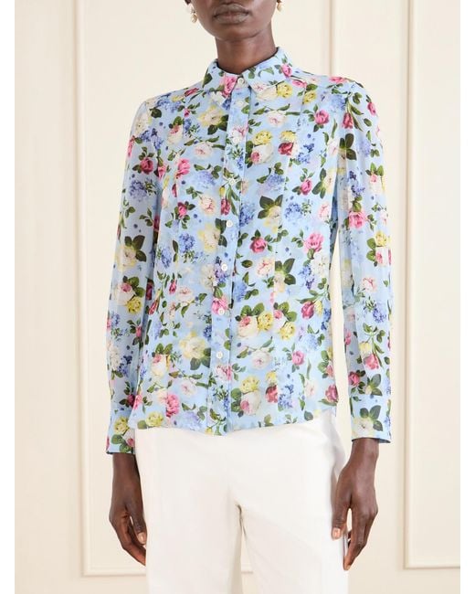 Carolina Herrera Blue Isabella Garden Floral-Print Silk-Chiiffon Blouse