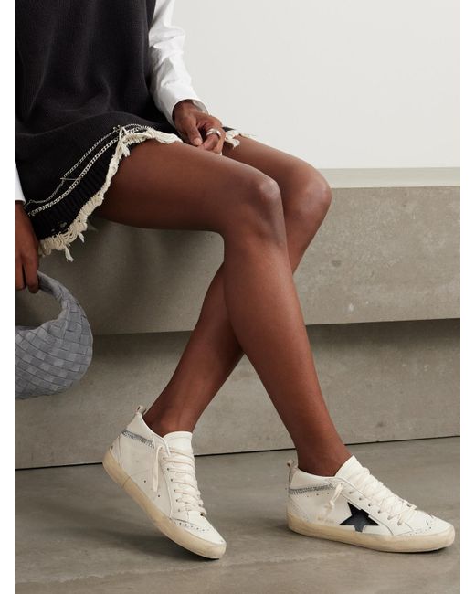 Golden Goose Deluxe Brand Natural Mid Star Distressed Suede-Trimmed Crystal-Embellished Leather Sneakers