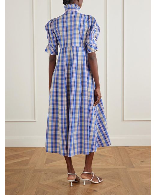 Thierry Colson Blue Venetia Ruffled Checked Cotton-Blend Midi Dress